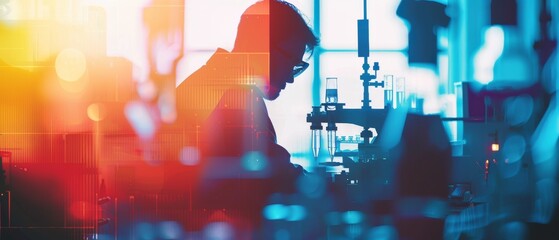 Industrial quality control processes close up, focus on, copy space, vibrant colors, Double exposure silhouette with testing equipment