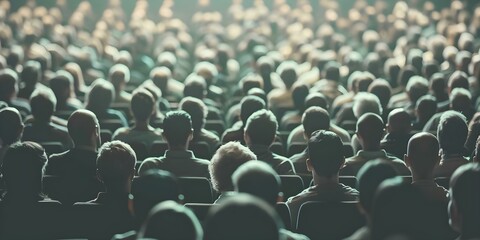 Obraz premium Crowd in theater joyfully watches heartwarming comedy film with laughter and applause. Concept Theater Experience, Comedy Film, Joyful Audience, Laughter, Applause