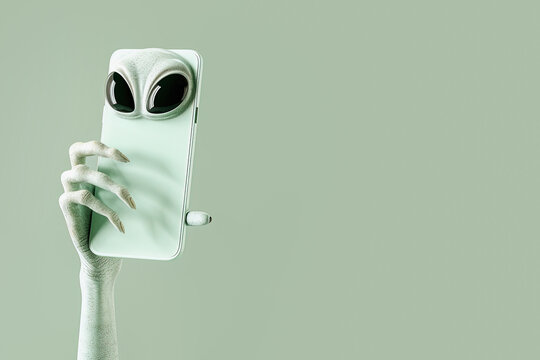 alien hand holding a mobile phone