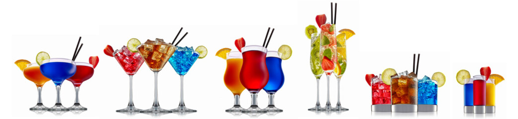 Set of cocktails with decoration from fruits isolated on white background