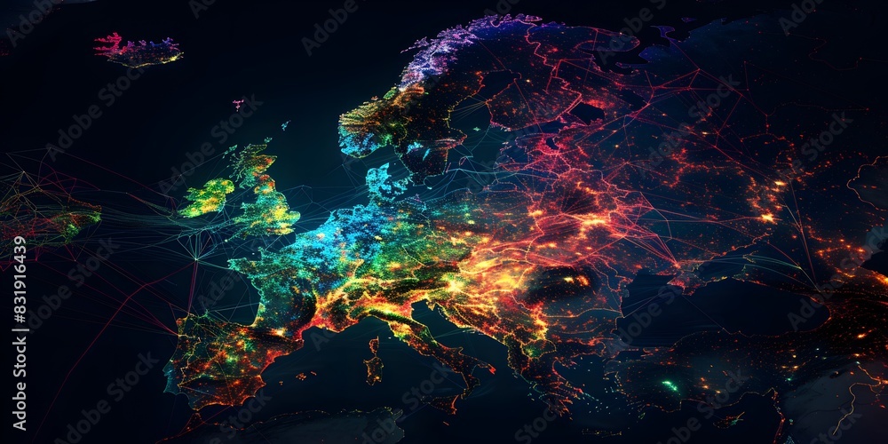 Poster abstract map of europe with glowing dots representing global network and connectivity, symbolizing t