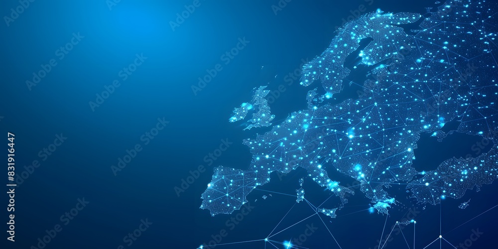 Poster abstract map of europe with glowing dots representing global network and connectivity, symbolizing t