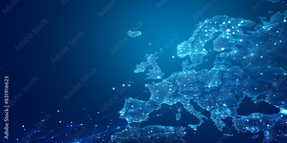 Poster abstract map of europe with glowing dots representing global network and connectivity, symbolizing t