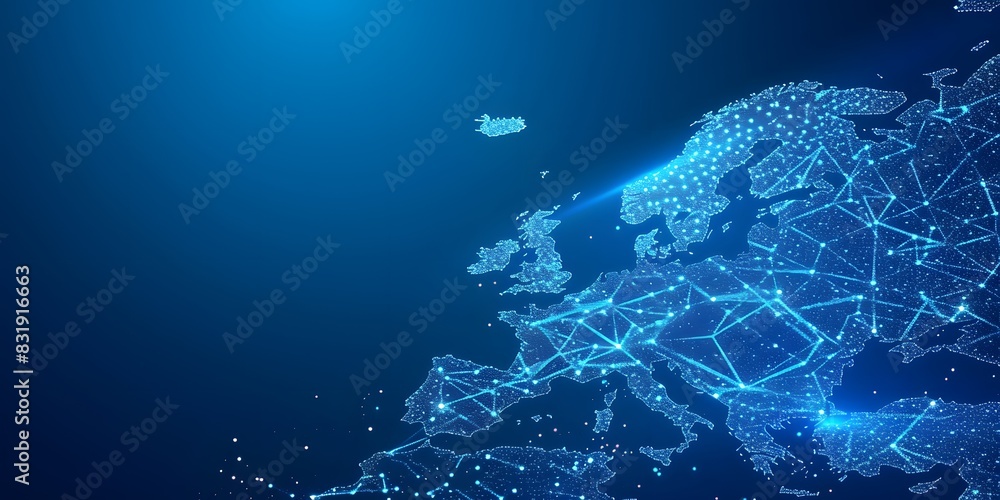 Poster abstract map of europe with glowing dots representing global network and connectivity, symbolizing t