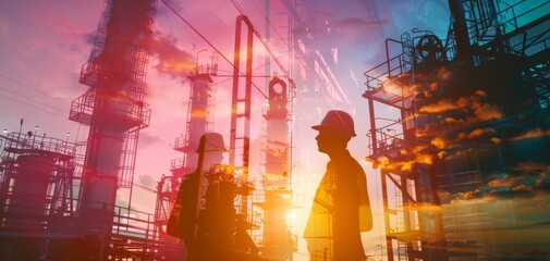 Obraz premium Plant operators at work close up, focus on, copy space, vibrant colors, Double exposure silhouette with tools