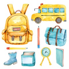 A set of watercolor illustrations of school supplies. The set includes a backpack, a pencil, a pencil case, a clock, a book, a boot, a lunch bag, and a school bus.