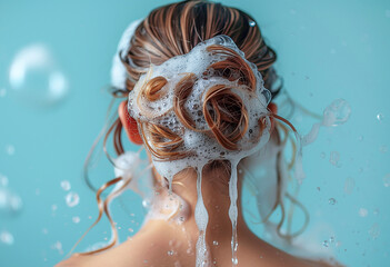 Woman with hair covered in shampoo foam on blue background, back view.