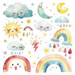 A set of watercolor illustrations of weather-related objects, including the sun, moon, clouds, rainbows, lightning, and stars