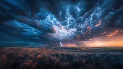 A single lightning bolt coming from the ominous clouds over the rolling flint hills of Kansas. Natural Geographic style. Thei lightning bolt is intense and bright. The sky is moody and colorful.