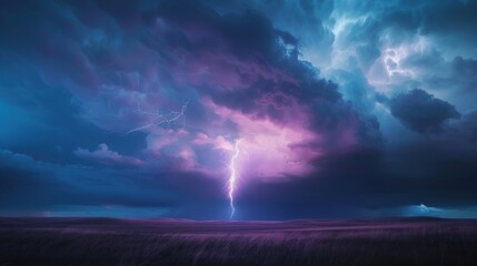 A single lightning bolt coming from the ominous clouds over the rolling flint hills of Kansas. Natural Geographic style. Thei lightning bolt is intense and bright. The sky is moody and colorful.