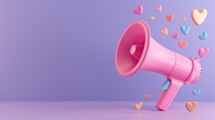 3D megaphone speaker with scattered heart symbols flying around a purple background.