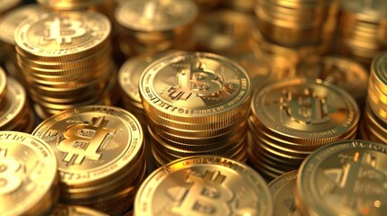 3D illustration of a pile of golden circle coins