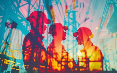 Industrial workers in energy sector close up, focus on, copy space, vibrant colors, Double exposure silhouette with machinery