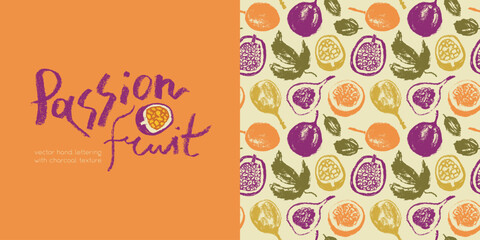 Pattern passion fruit seamless. Hand drawn granadilla illustrations. Exotic fruits ornament. Granadilla background for cosmetics, fruits puree or juice label. Vector fabric tropical fruit banner.