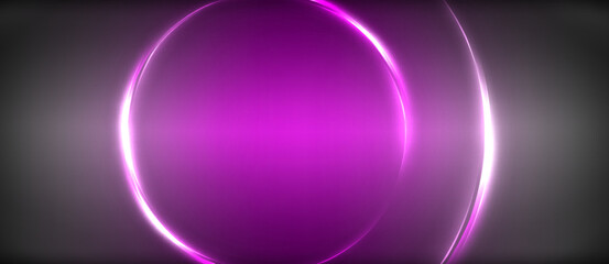 Neon glowing circle rays, light round lines in the dark, planet style neon wave lines. Energetic electric concept design for wallpaper, banner, background