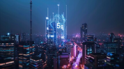 Obraz premium The picture shows the 5G network, digital holographic internet, general coverage in the area.