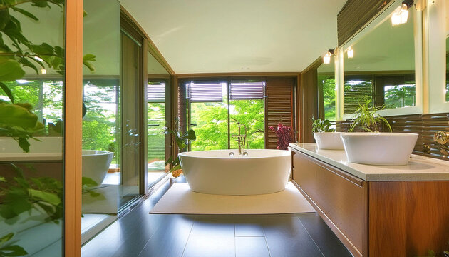 A sprawling bathroom with expansive windows that unveil a serene panorama of lush greenery.