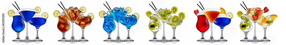 Wall mural Set of cocktails with decoration from fruits isolated on white background