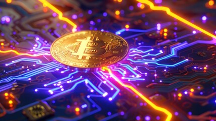 A gold bitcoin coin light story on circuit board