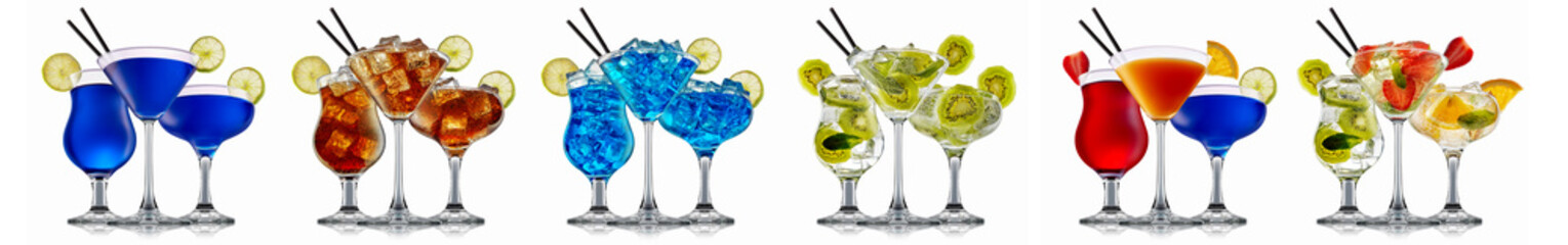 Set of cocktails with decoration from fruits isolated on white background