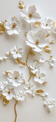 White flowers with golden leaves on white background. White and golden luxury 3d floral background