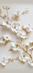 White flowers with golden leaves on white background. White and golden luxury 3d floral background