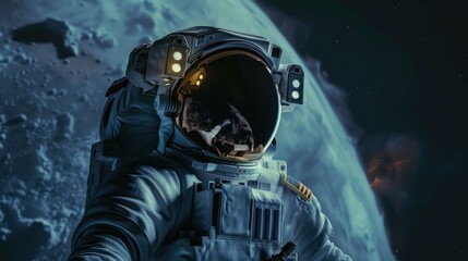Astronaut in a spacesuit in space, spacewalk, above the surface of the earth.