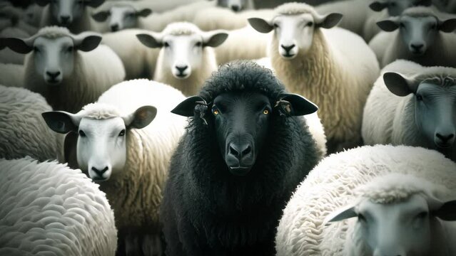 Black sheep in white sheeps crowd background.