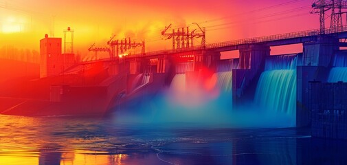 Hydropower plant operations close up, focus on, copy space, vibrant colors, Double exposure silhouette with water turbines