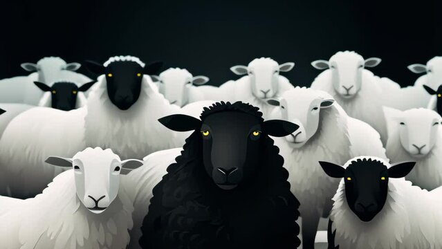Black sheep in white sheeps crowd background.