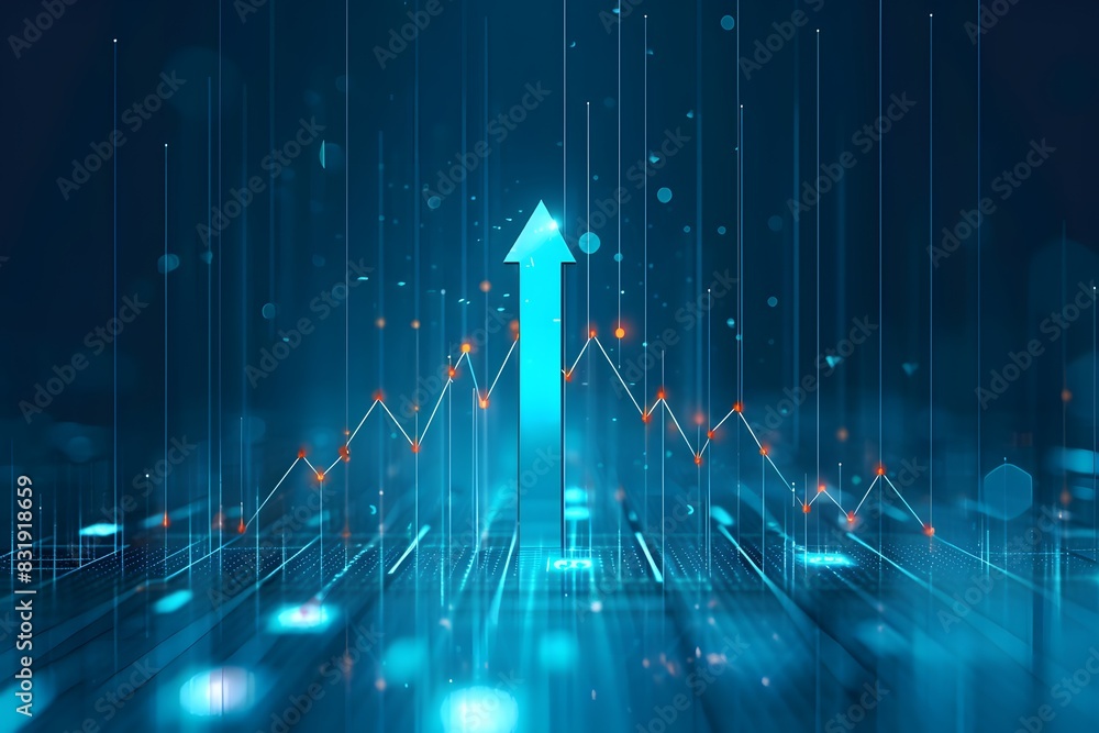 Poster a blue background with glowing arrows pointing upwards, representing the upward trend of global digi