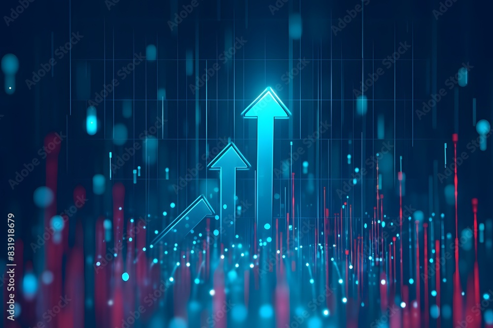 Poster a blue background with glowing arrows pointing upwards, representing the upward trend of global digi