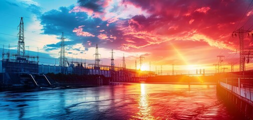 Hydropower plant operations close up, focus on, copy space, vibrant colors, Double exposure silhouette with water turbines