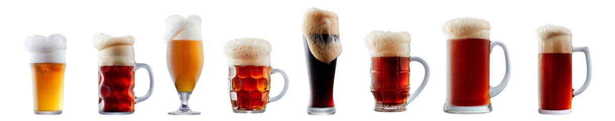 Set of beer cocktails with foam isolated on white background