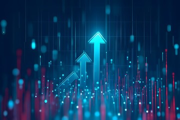 A blue background with glowing arrows pointing upwards, representing the upward trend of global digital innovation and technological progress. The arrows symbolize growth in technology's impact on soc
