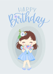 Birthday card design of girl and flowers. Blue color. Vector illustration.
