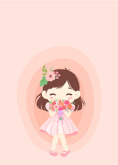 Cute girl cartoon with pink flowers bouquet. card design. vector illustration.