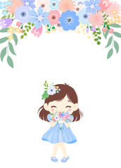 Card design of girl and flowers. Blue color. Vector illustration. blank space.