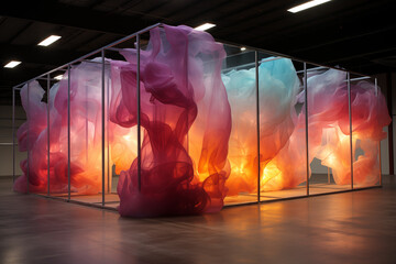 A Detailed Sculpture Featuring a Series of Large, Transparent Membranes Suspended in a Vast Space 