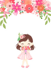 Card design of girl and flowers. Pink color. Vector illustration. blank space.