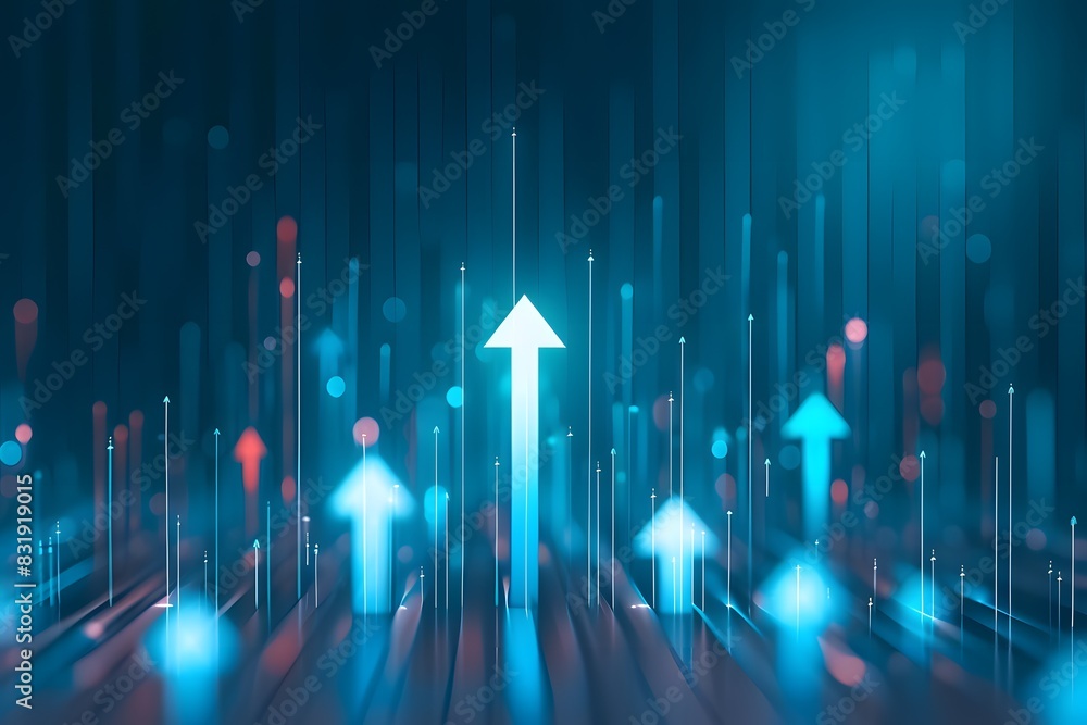 Poster a blue background with glowing arrows pointing upwards, representing growth and progress in the digi