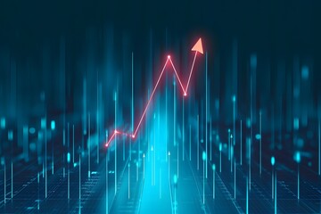Naklejka premium A blue background with glowing arrows pointing upwards, representing growth and progress in the digital age. The arrows symbolize positive movement towards success or change.