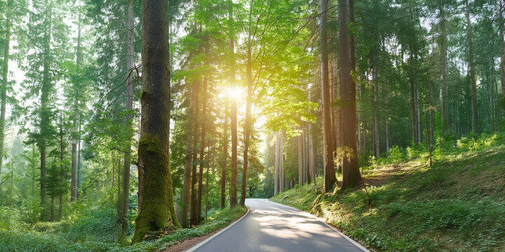 Scenic road through forest with tall, ancient trees and sunset shining through the branches