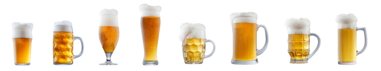Set of beer cocktails with foam isolated on white background