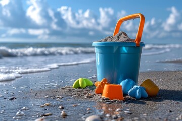 Sand bucket and toys on the seashore