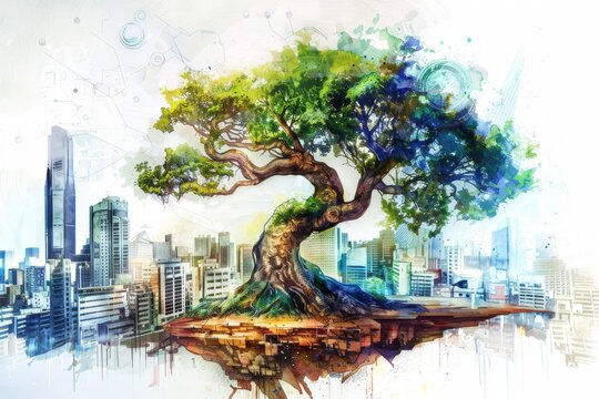 Design a mural of sentient urban art depicting a wise old tree growing in the heart of a futuristic city