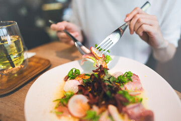 Japanese food Sashimi tuna salad asian foodie woman background at indoor restaurant on day