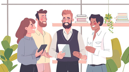 A professional and cheerful manager is showing a work plan to an employee using a tablet. Busy colleagues are working together, discussing the plan in the office. Smiling, they engage in a productive 