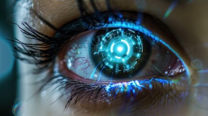 Eyes of woman with microchip circuit board, artificial intelligence development concept