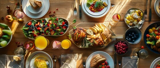 Aerial view of a gourmet brunch spread, vibrant colors, elegant plating, photorealistic detail, natural lighting, high-definition quality